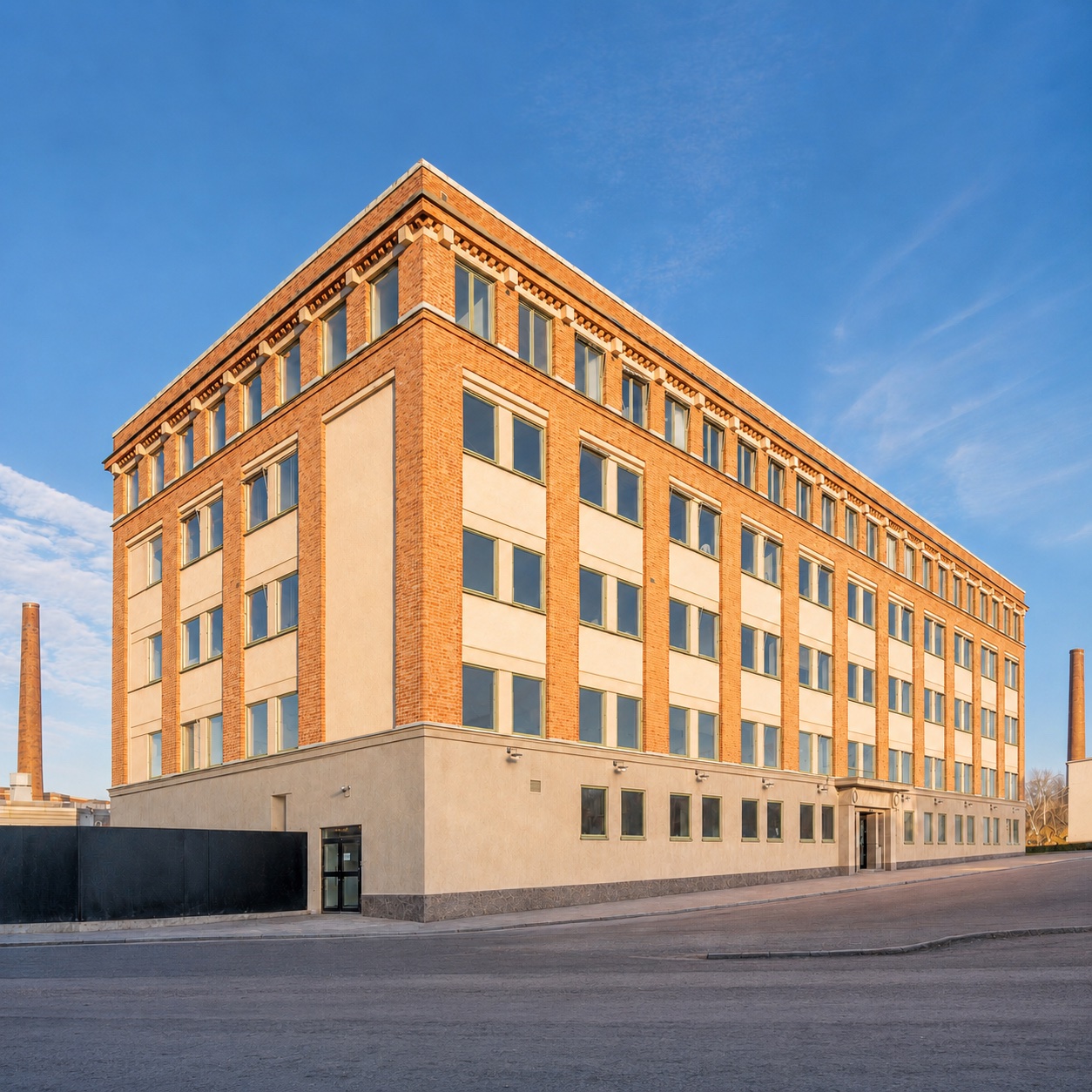 Färgkontoret's brick facade in evening light, with the chimneys of Lövholmen behind