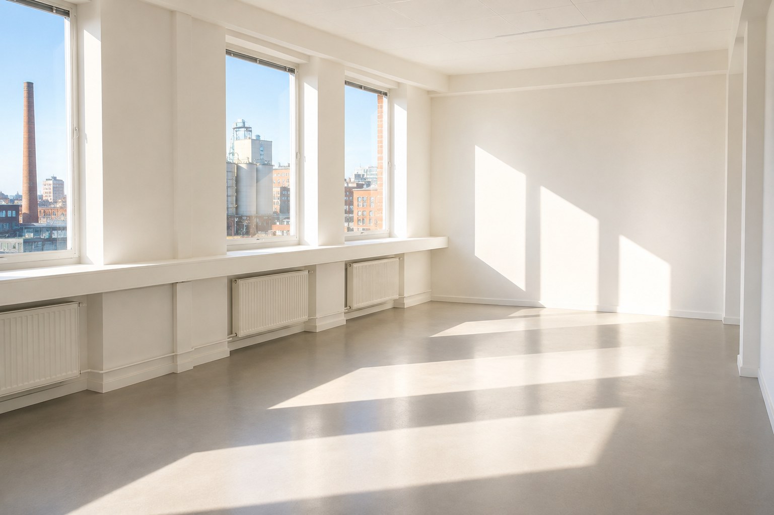 An empty studio at Färgkontoret in low winter sun, with three tall windows over the Lövholmen chimney and silos